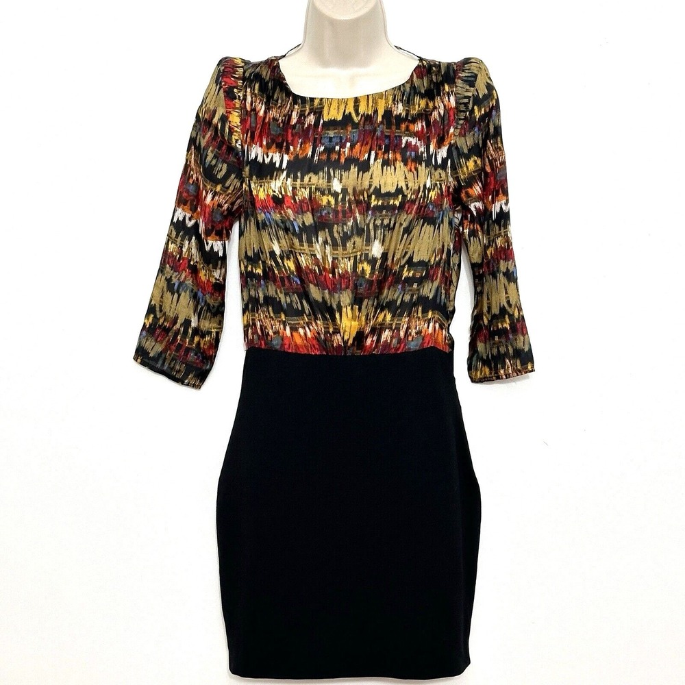 Aryn K Anthropologie Womens Dress S Black Silk Colorful Pencil Sheer Open Sexy